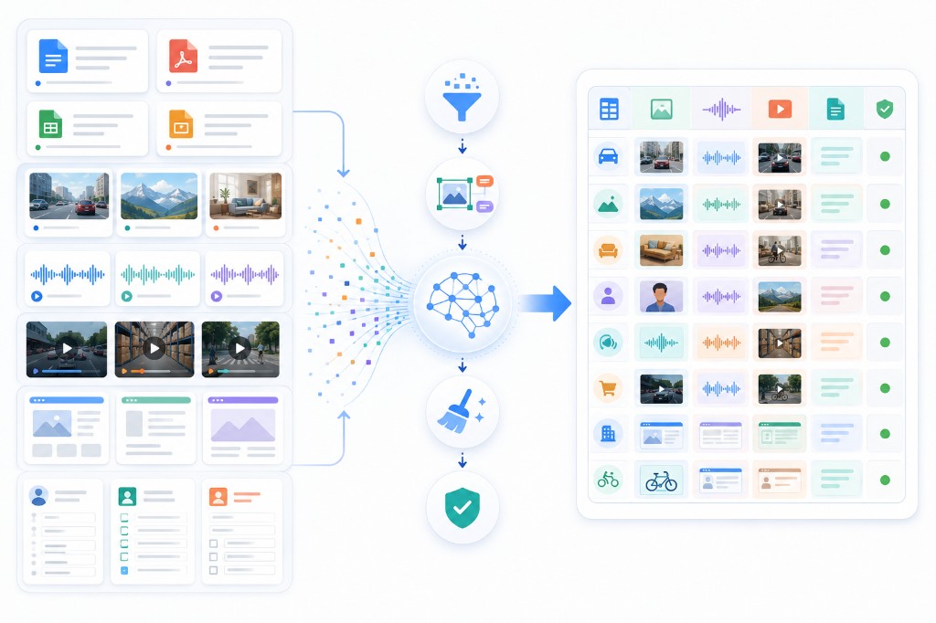 AI training data pipeline from multimodal sources through annotation and validation to structured ML-ready datasets