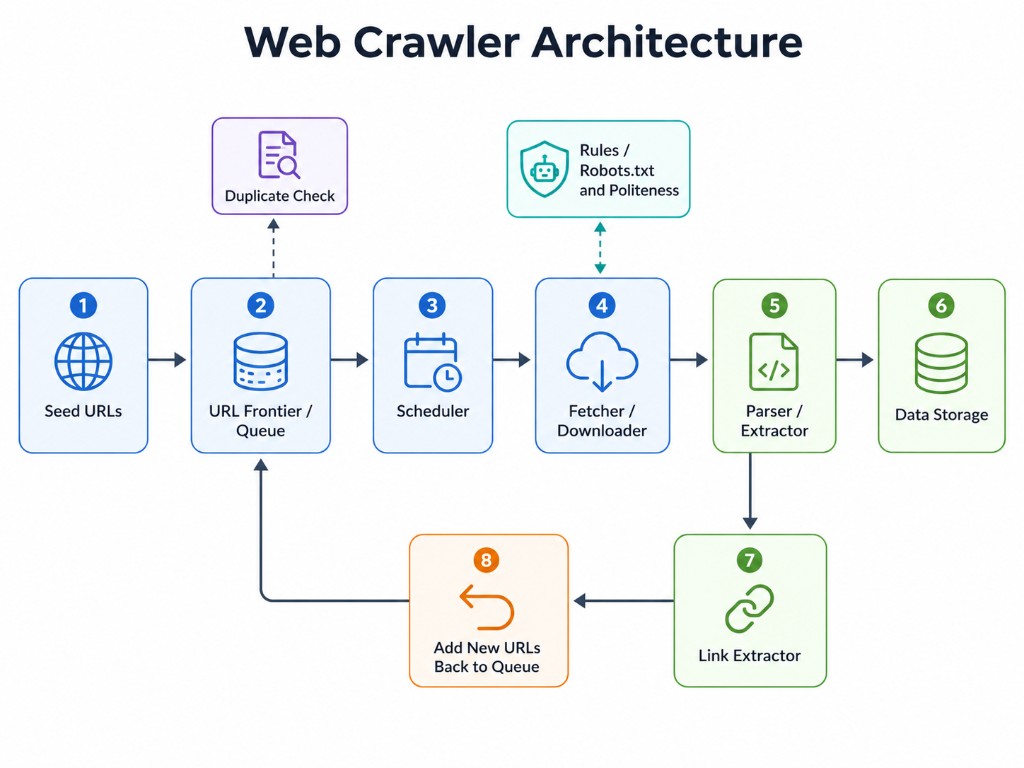 Web crawler architecture showing crawler engine, URL queue, parser, database, and monitoring system.