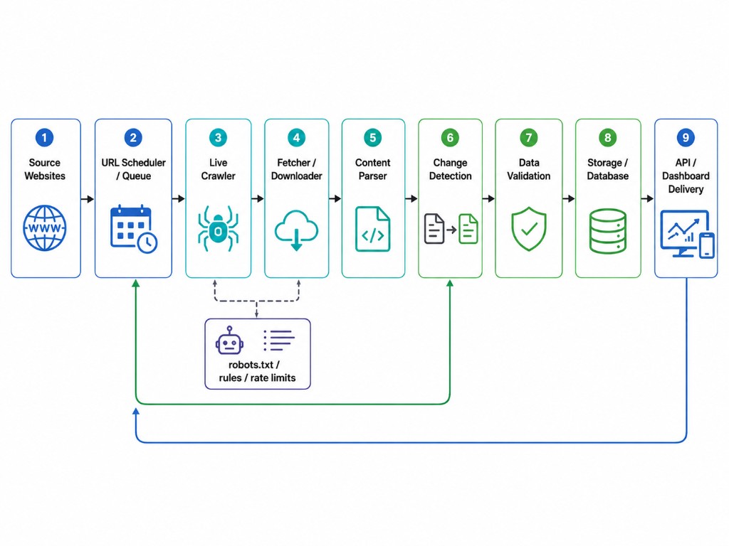 Architecture of a live web crawling and change detection pipeline