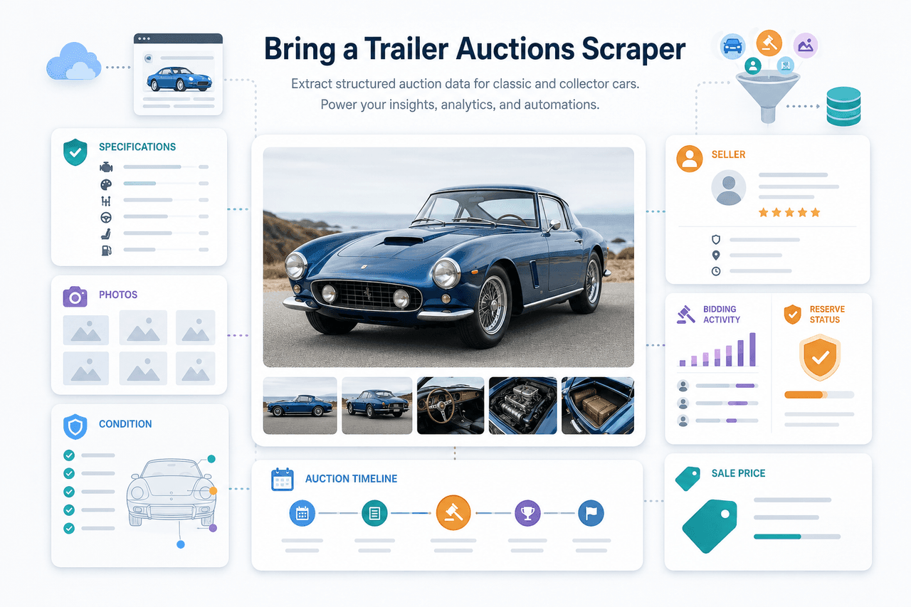 Auction listing collected into vehicle, bidding, pricing, and timeline data fields