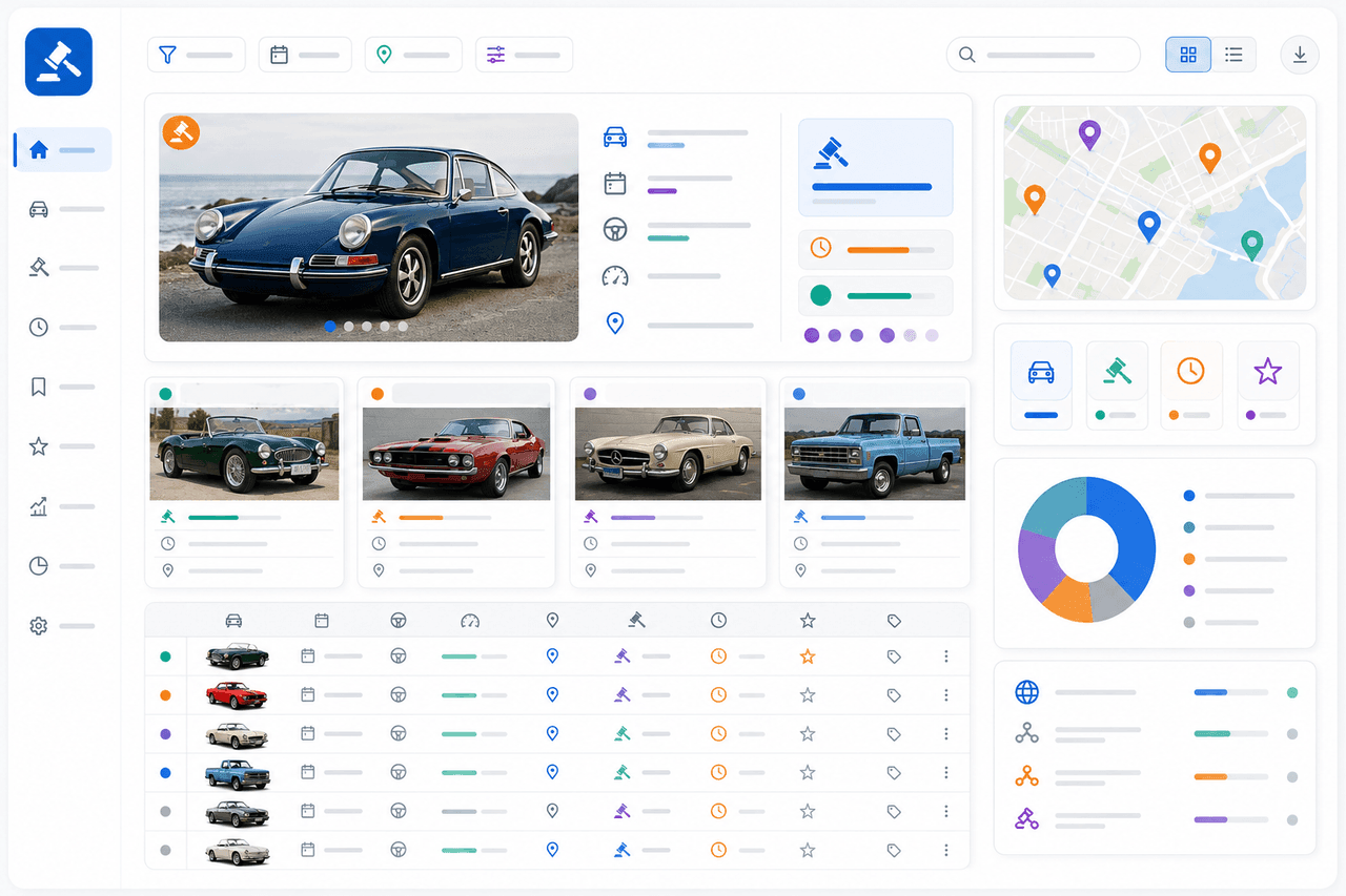 Dashboard of structured vehicle auction records with status, location, and pricing fields