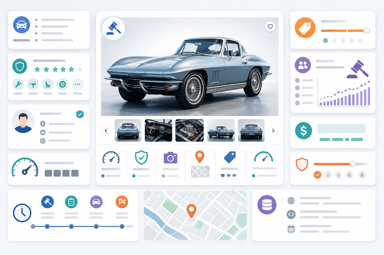 Vehicle listing fields for specifications, pricing, bidding, seller, and location data