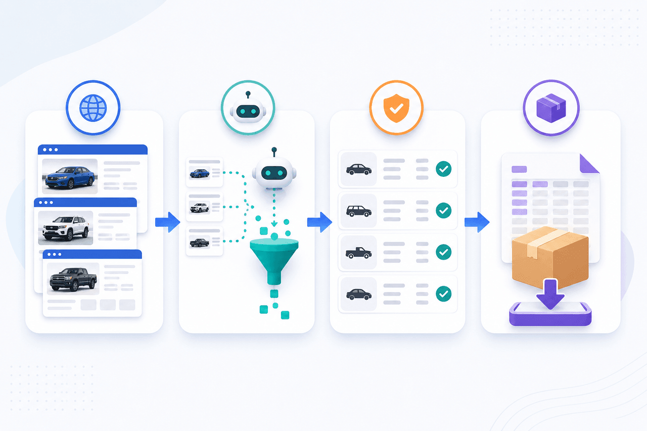 Four-step workflow for searching, extracting, validating, and delivering Copart auction data