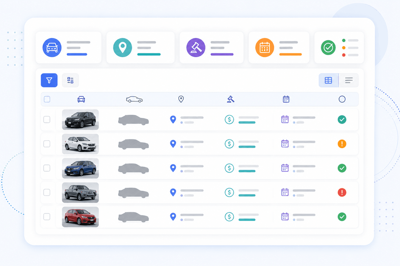 Dashboard of structured vehicle auction records with location, pricing, and status fields