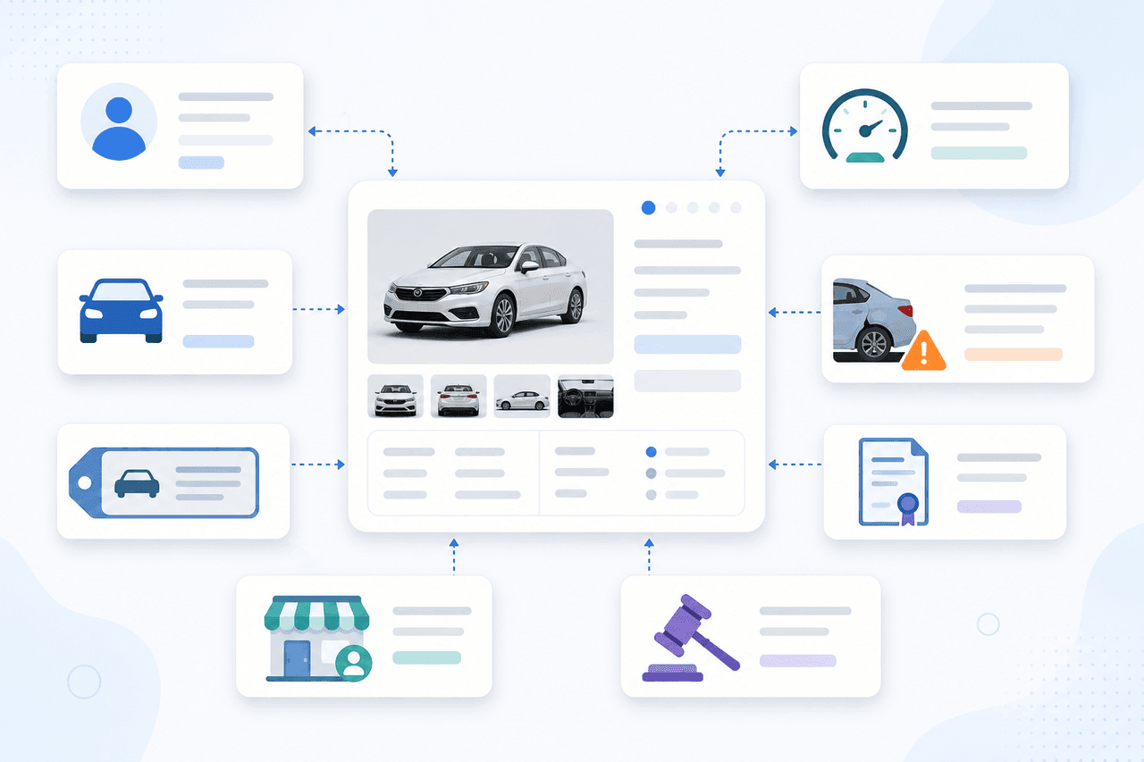 Vehicle listing fields for damage, title, mileage, bid, location, and auction status