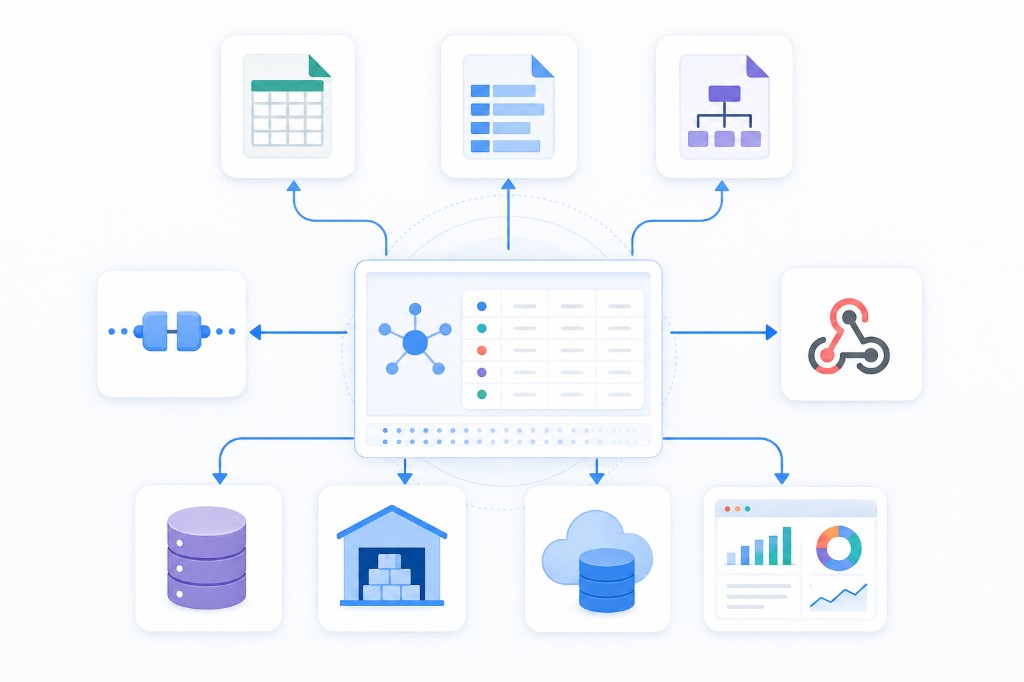 External data feed delivery options including CSV JSON XML API webhook database warehouse and BI destinations