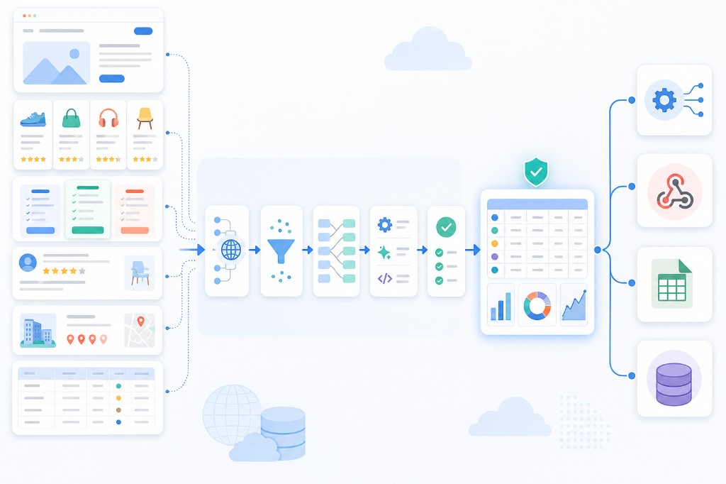 External web data transformed into structured feed for API webhook CSV and database delivery