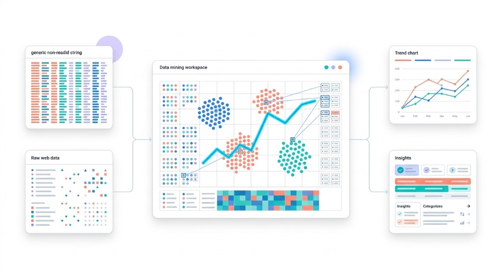 Data mining workspace turning raw web data into trend charts and insights