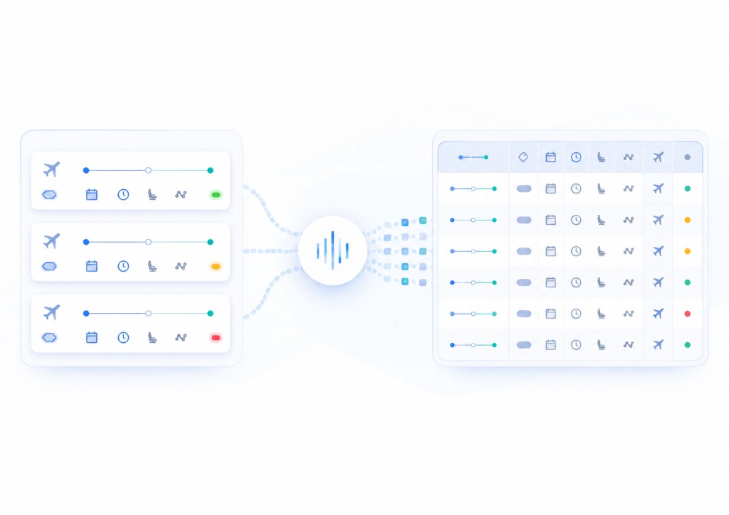 Flight search results transformed into a structured fare and schedule dataset.