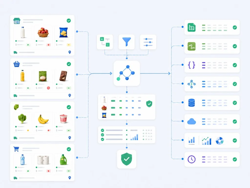 FMCG data delivery workflow from retail sources to CSV, Excel, JSON, API, database, and BI outputs.