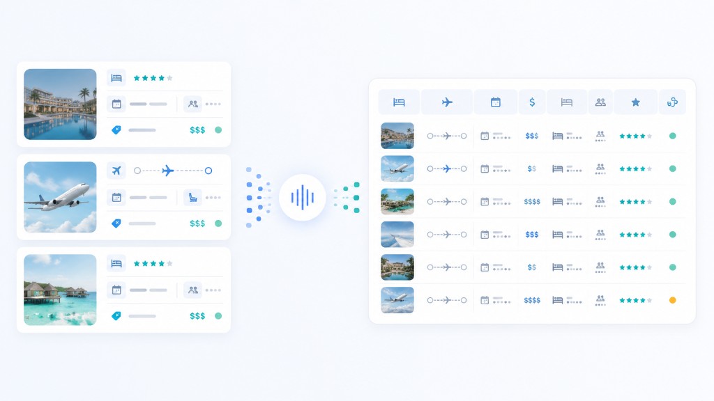 Hotel, flight, and rental listings transformed into a structured travel pricing data table with rates, dates, and availability