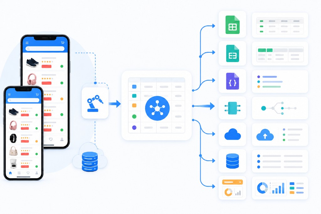 Mobile app dataset delivery to spreadsheets, JSON, APIs, cloud storage, databases, and analytics dashboards