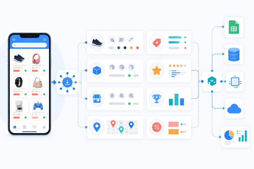 Structured mobile app data fields for product details, pricing, availability, ratings, rankings, and promotions