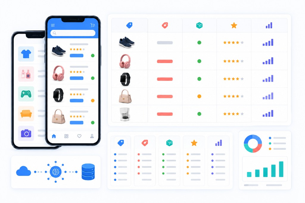 Mobile app data transformed into structured tables and analytics dashboards for competitor monitoring and market intelligence