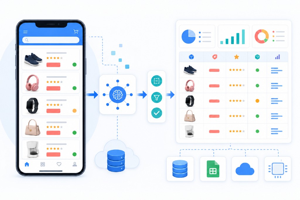Mobile app data extraction workflow from source app through AI processing, validation, and structured output
