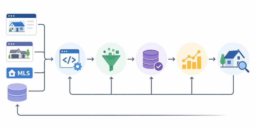 Real estate data pipeline from websites and public records to cleaning, deduplication, API delivery, and dashboards.