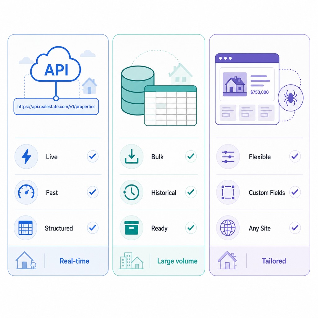 API vs dataset vs marketplace vs custom scraping for real estate data.