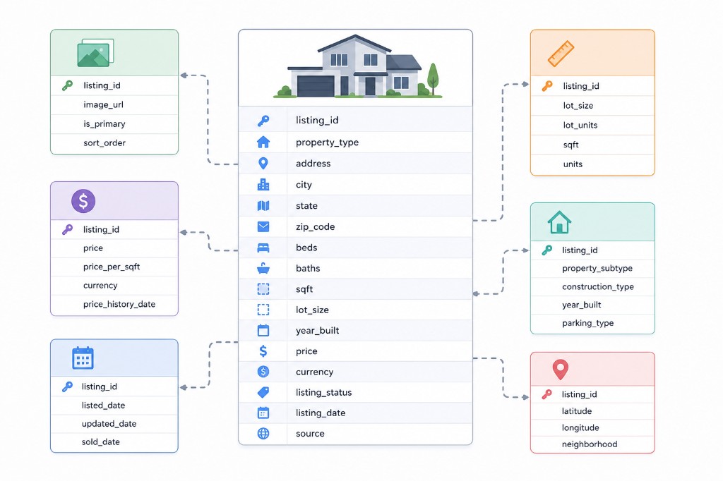 Sample real estate dataset with listing URL, price, address, agent, and timestamp fields.