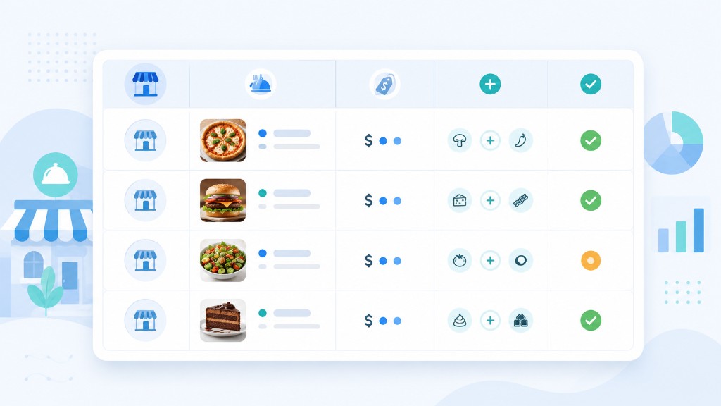 Structured restaurant menu data sample with item names, categories, prices, and availability