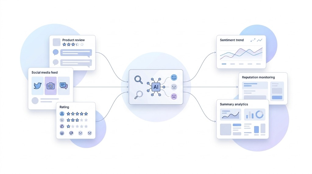 AI sentiment engine connecting social media, reviews, ratings, and reputation monitoring analytics