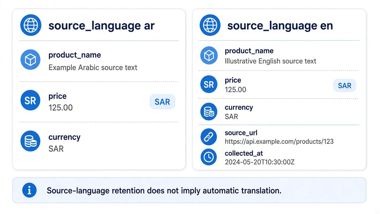 Illustrative Arabic and English source-language records retaining SAR price and collection metadata