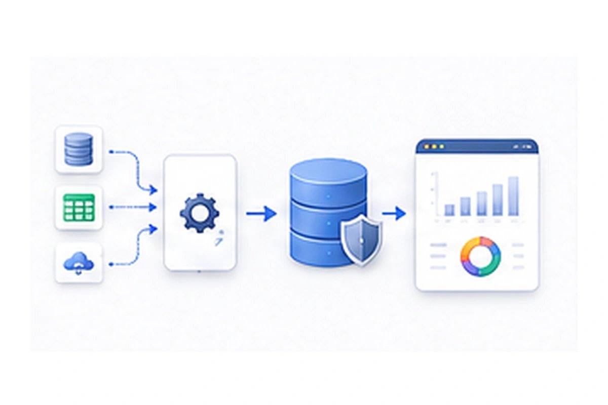 Business data flowing from multiple sources into dashboards and automated reports