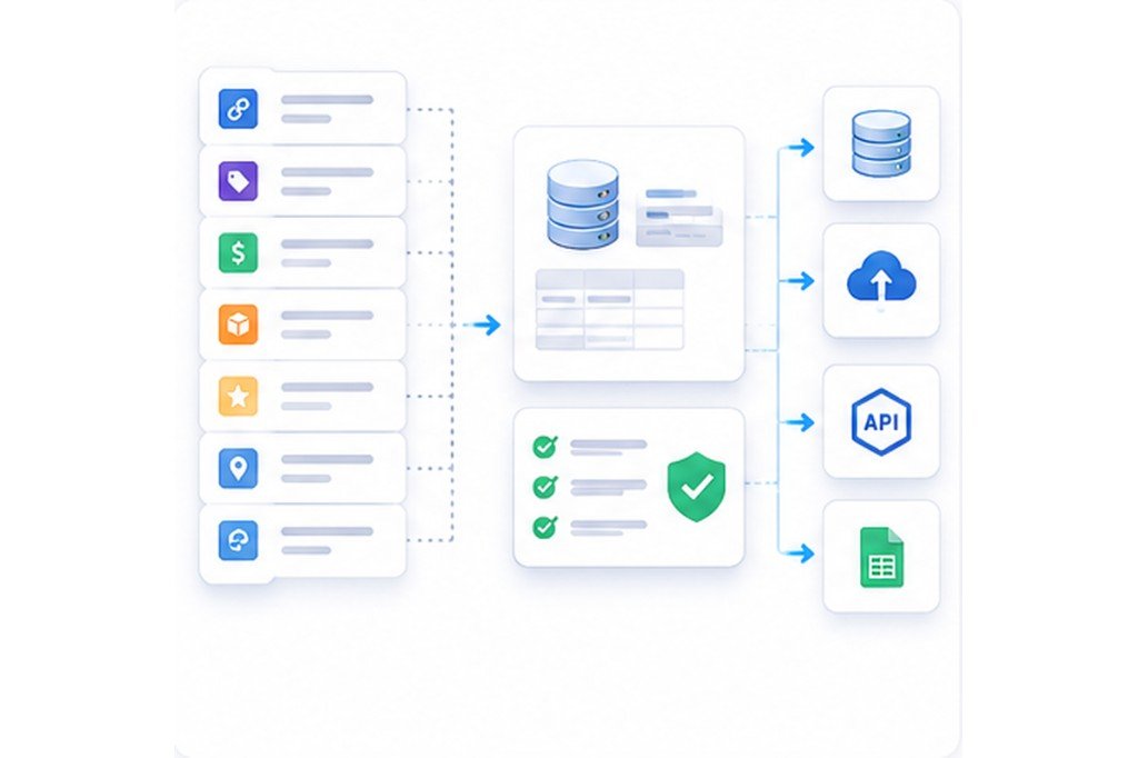 Live crawler fields covering source context, structured records, validation, and delivery formats