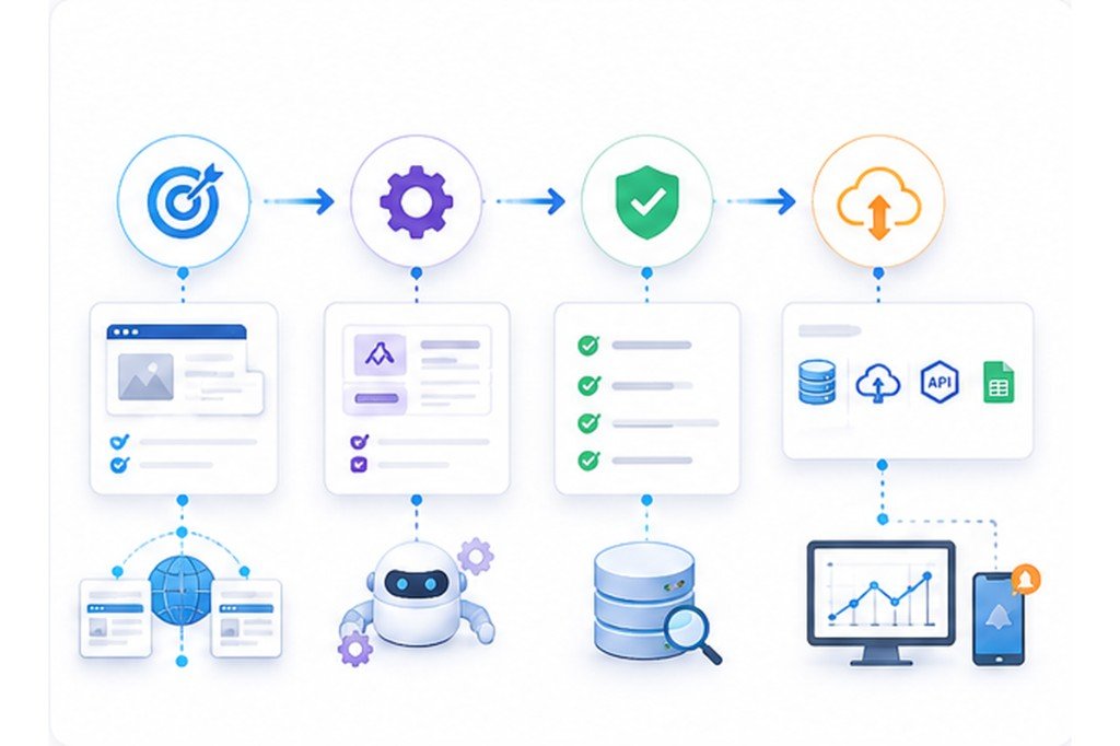Four-step live crawler workflow from requirements and configuration to validation and delivery