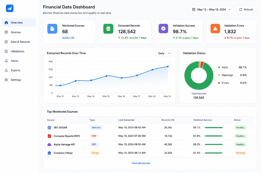 Financial data dashboard showing monitored sources, extracted records, and validation status.
