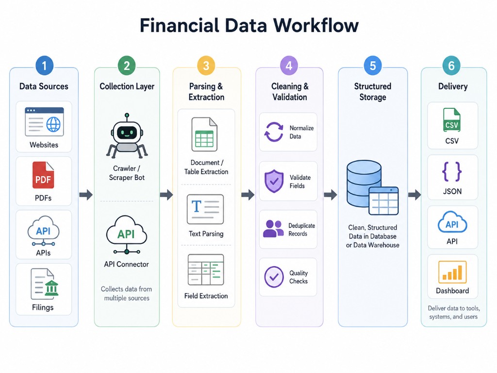 Financial data extraction workflow from websites, PDFs, APIs, and filings to structured data delivery.