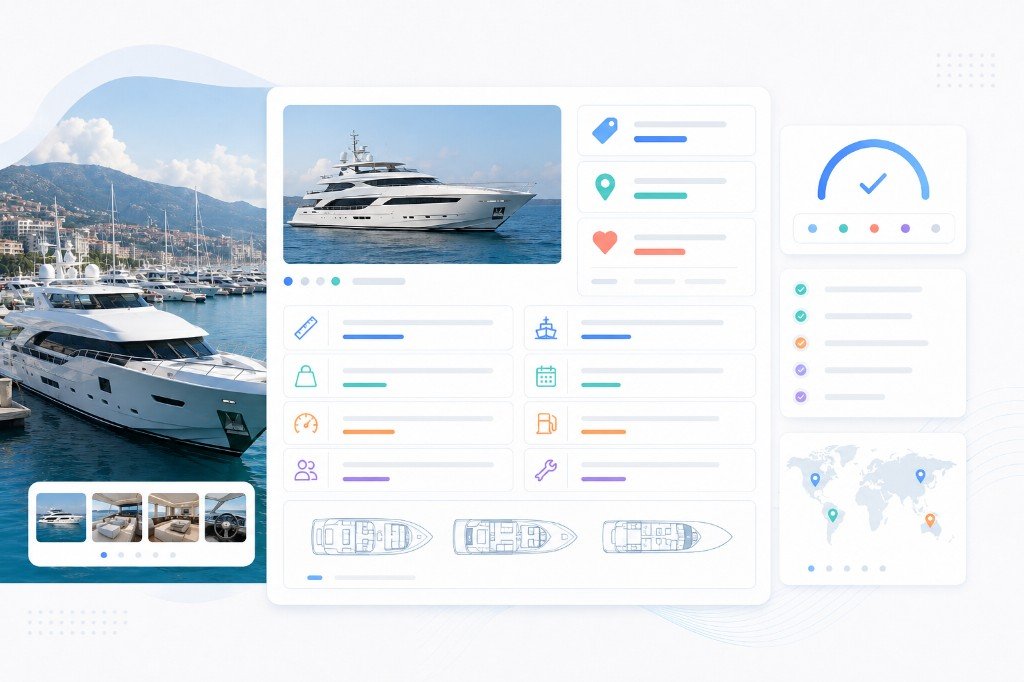 Illustrative structured yacht record with specifications and validation status