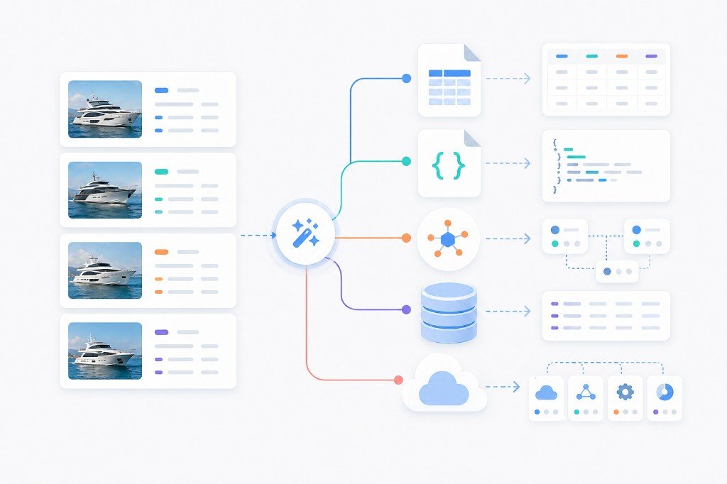 Structured yacht data delivered through CSV, JSON, API, database, and warehouse formats