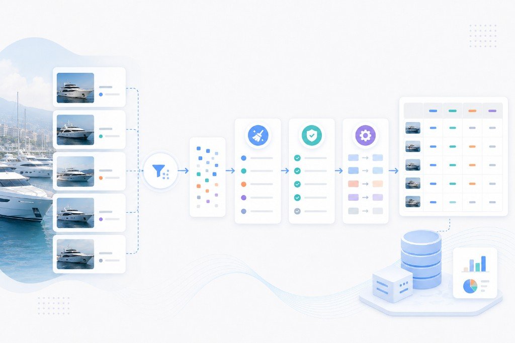 Four-step workflow for collecting, validating, and delivering yacht listing data